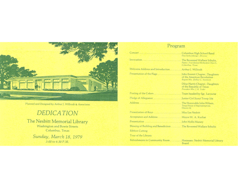 Program for the dedication of the Nesbitt Memorial Library, March 18, 1979