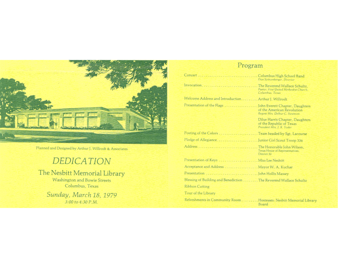 Program for the dedication of the Nesbitt Memorial Library, March 18, 1979